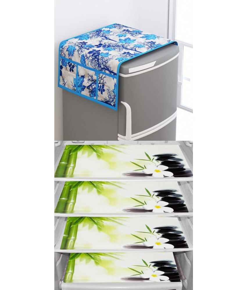     			Shaphio Polyester Floral Fridge Mat & Cover ( 99 58 ) Pack of 5 - Blue