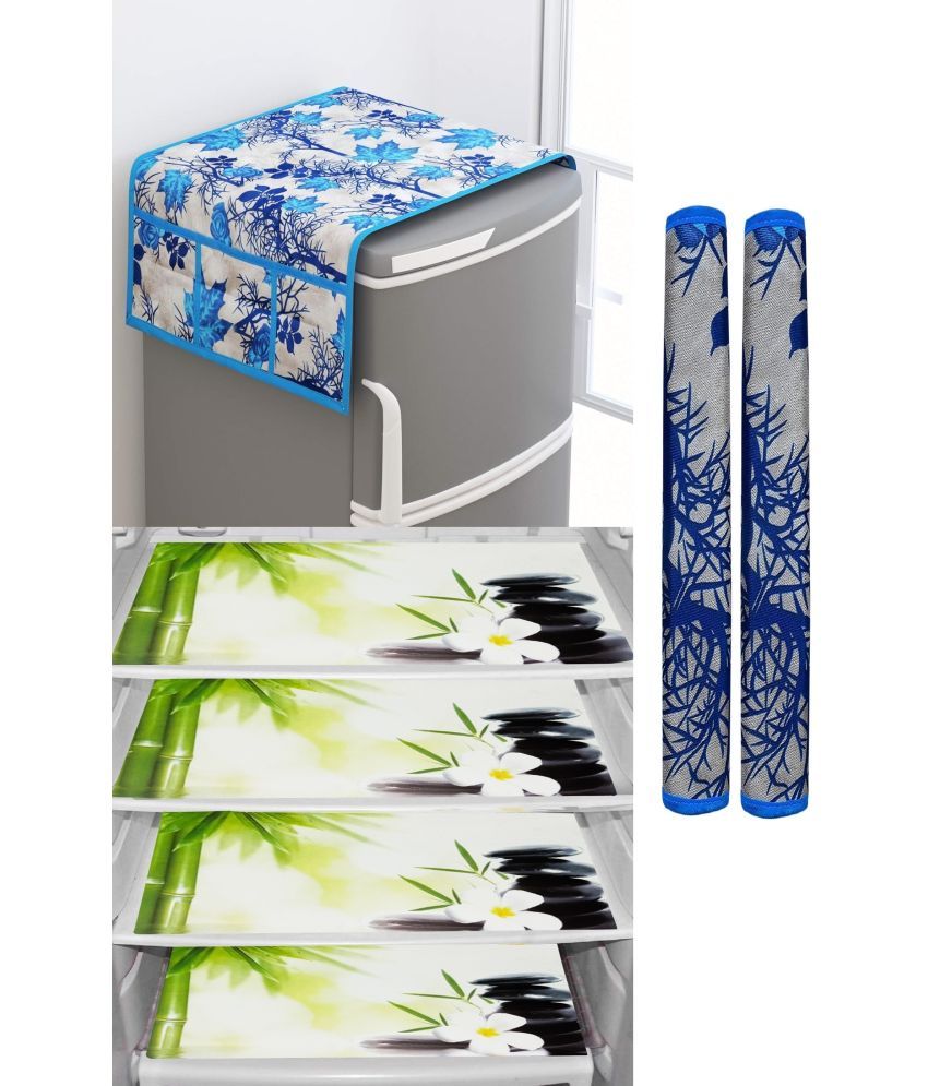     			Shaphio Polyester Floral Fridge Mat & Cover ( 99 58 ) Pack of 7 - Blue