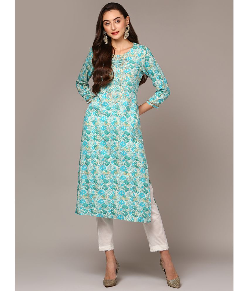     			Vaamsi Cotton Blend Embroidered Straight Women's Kurti - Turquoise ( Pack of 1 )