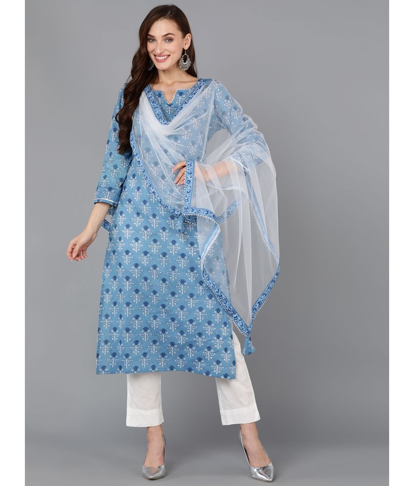     			Vaamsi Cotton Blend Printed Kurti With Pants Women's Stitched Salwar Suit - Blue ( Pack of 1 )