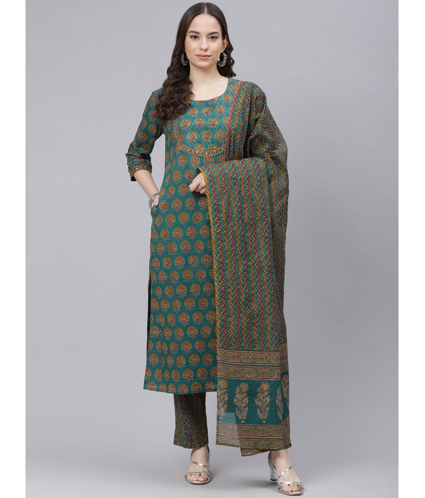     			Vaamsi Cotton Blend Printed Kurti With Pants Women's Stitched Salwar Suit - Teal ( Pack of 1 )