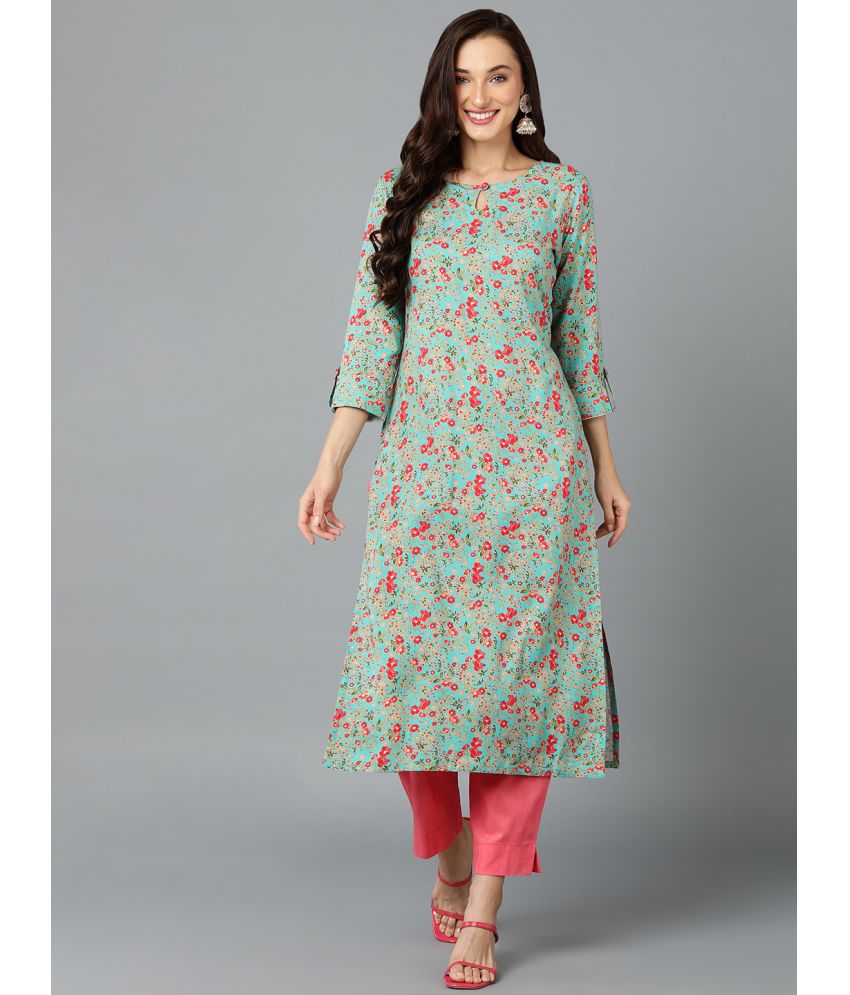     			Vaamsi Cotton Blend Printed Straight Women's Kurti - Turquoise ( Pack of 1 )