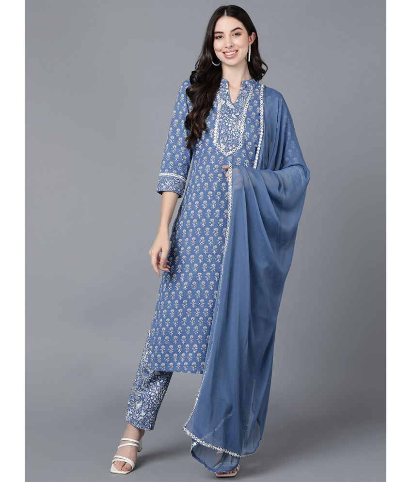     			Vaamsi Cotton Printed Kurti With Pants Women's Stitched Salwar Suit - Blue ( Pack of 1 )