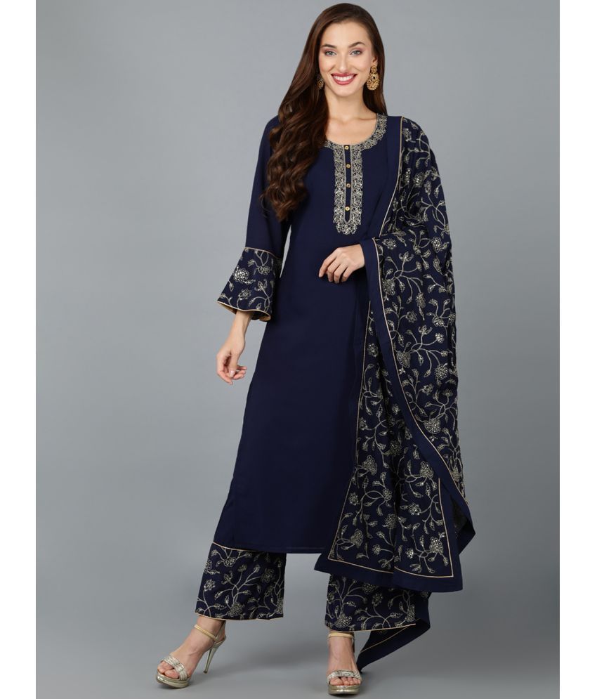     			Vaamsi Georgette Embroidered Kurti With Palazzo Women's Stitched Salwar Suit - Navy Blue ( Pack of 1 )