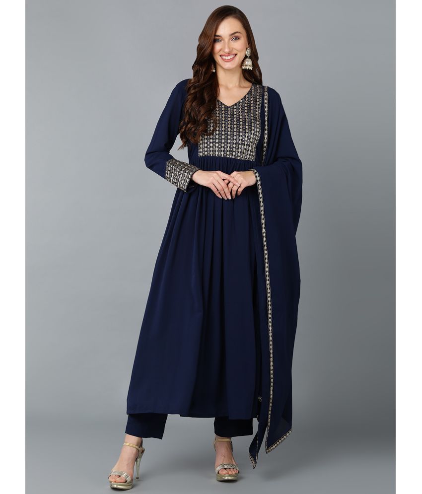     			Vaamsi Georgette Embroidered Kurti With Pants Women's Stitched Salwar Suit - Navy Blue ( Pack of 1 )