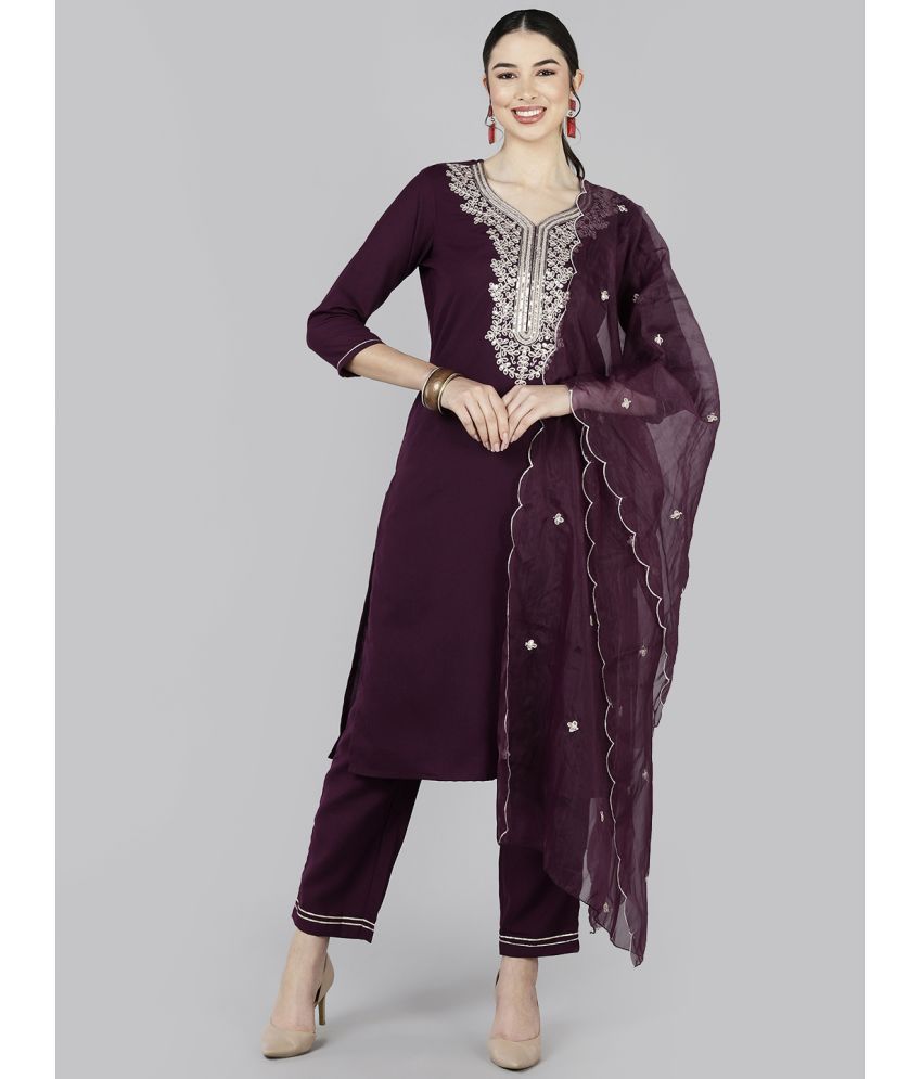     			Vaamsi Silk Blend Embellished Kurti With Pants Women's Stitched Salwar Suit - Purple ( Pack of 1 )