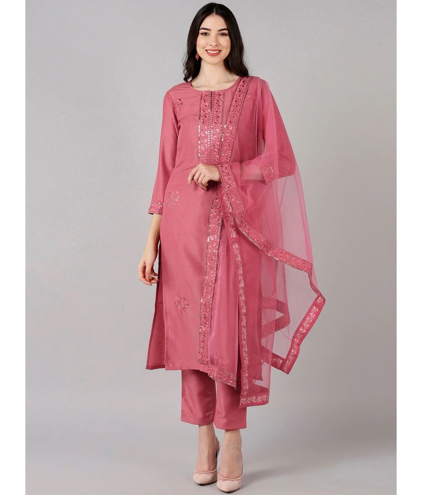     			Vaamsi Silk Blend Embroidered Kurti With Pants Women's Stitched Salwar Suit - Pink ( Pack of 1 )