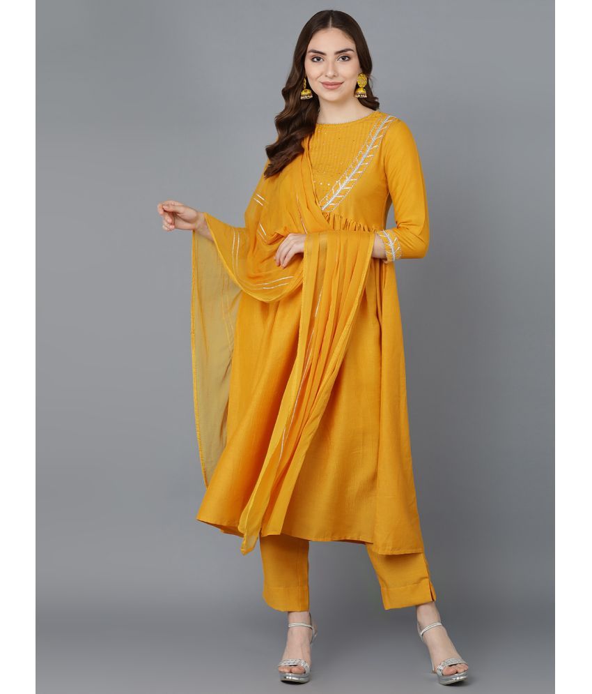     			Vaamsi Silk Blend Embroidered Kurti With Pants Women's Stitched Salwar Suit - Mustard ( Pack of 1 )