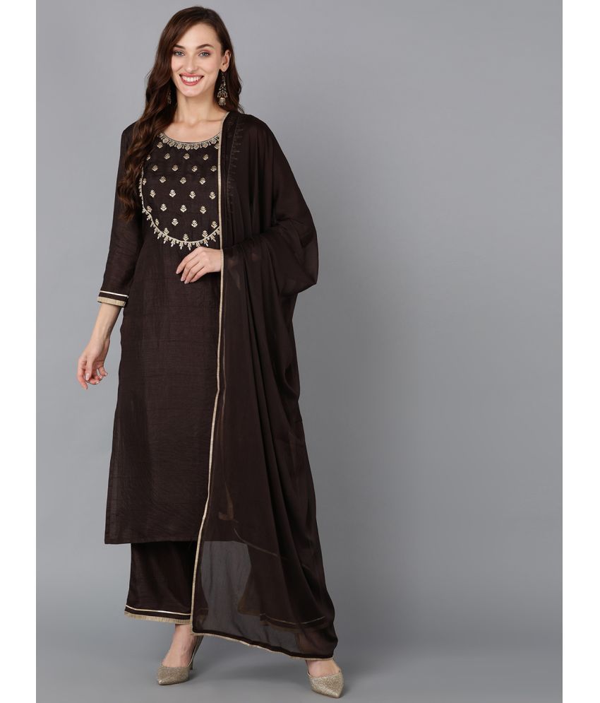     			Vaamsi Silk Blend Embroidered Kurti With Pants Women's Stitched Salwar Suit - Brown ( Pack of 1 )