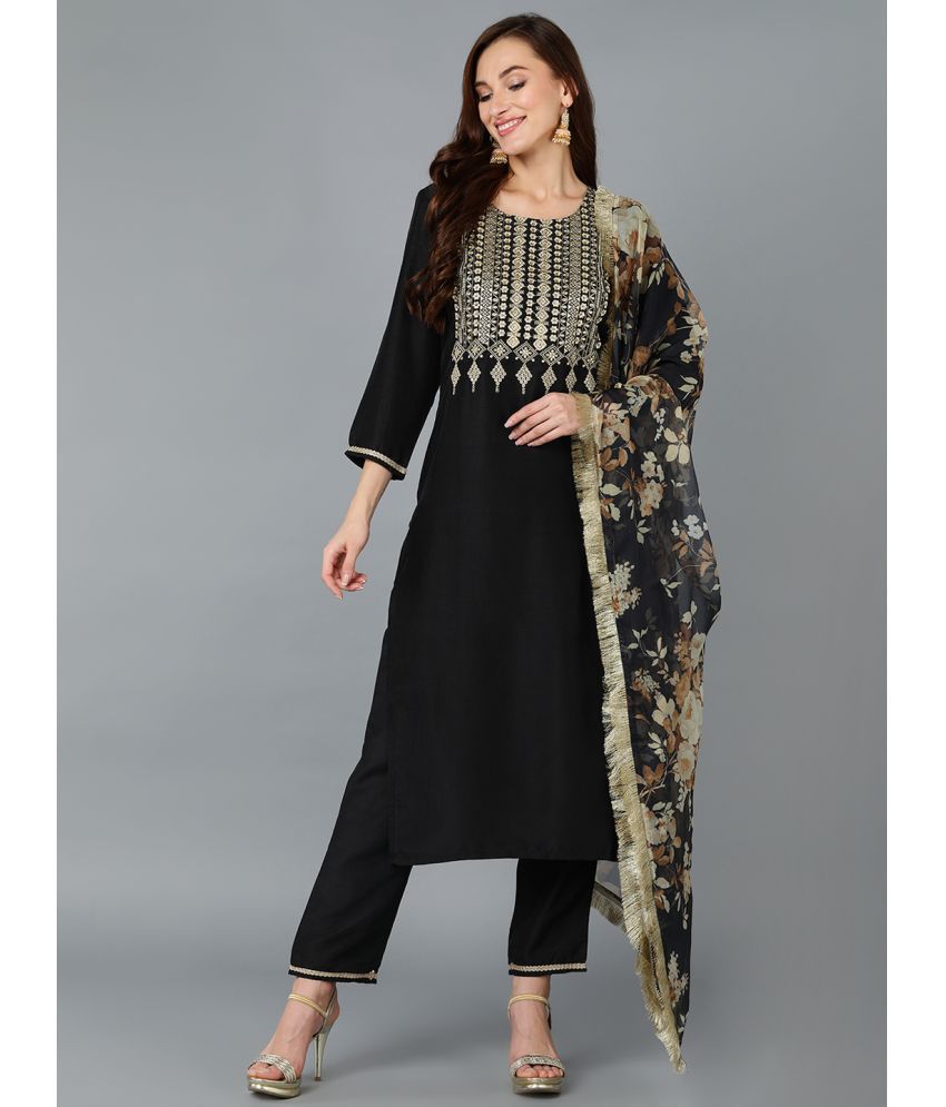     			Vaamsi Silk Blend Embroidered Kurti With Pants Women's Stitched Salwar Suit - Black ( Pack of 1 )