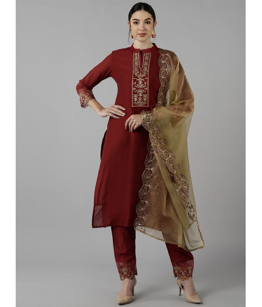     			Vaamsi Silk Blend Embroidered Kurti With Pants Women's Stitched Salwar Suit - Red ( Pack of 1 )