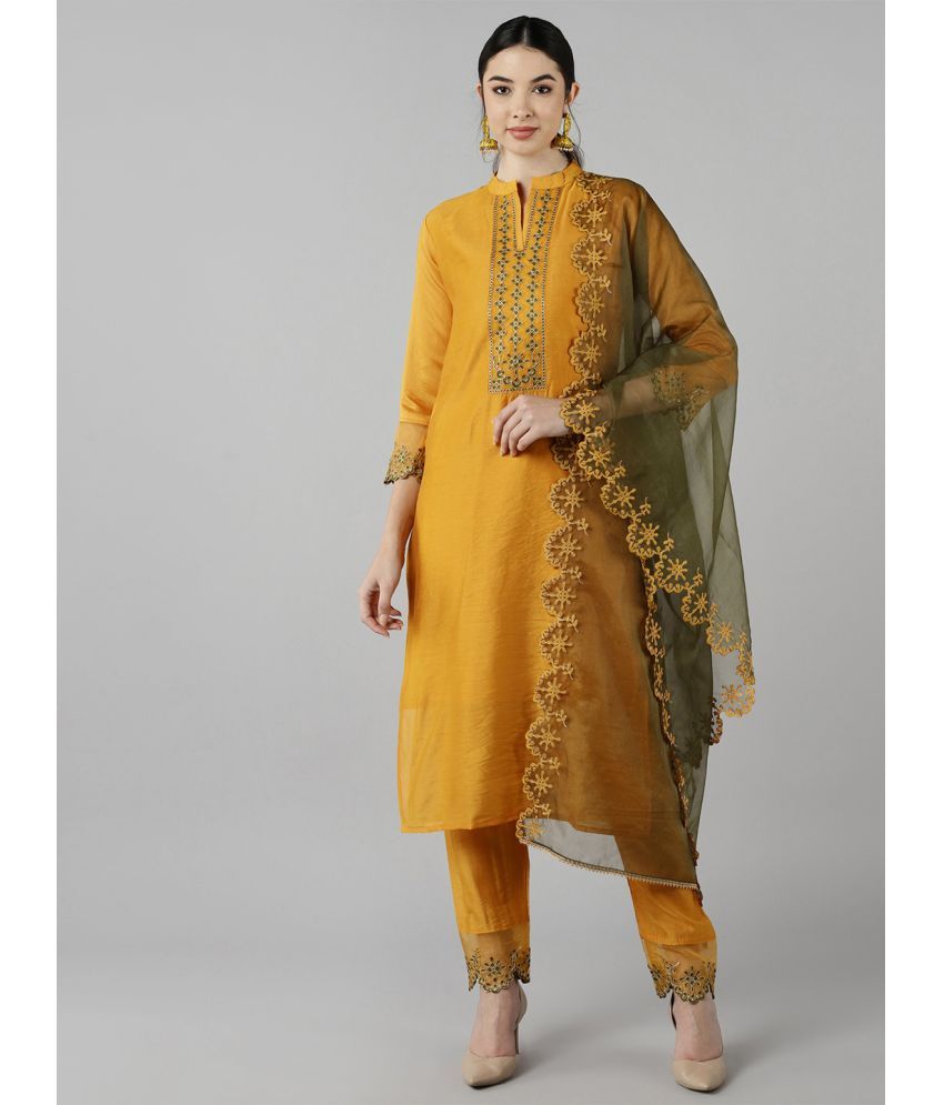     			Vaamsi Silk Blend Embroidered Kurti With Pants Women's Stitched Salwar Suit - Mustard ( Pack of 1 )