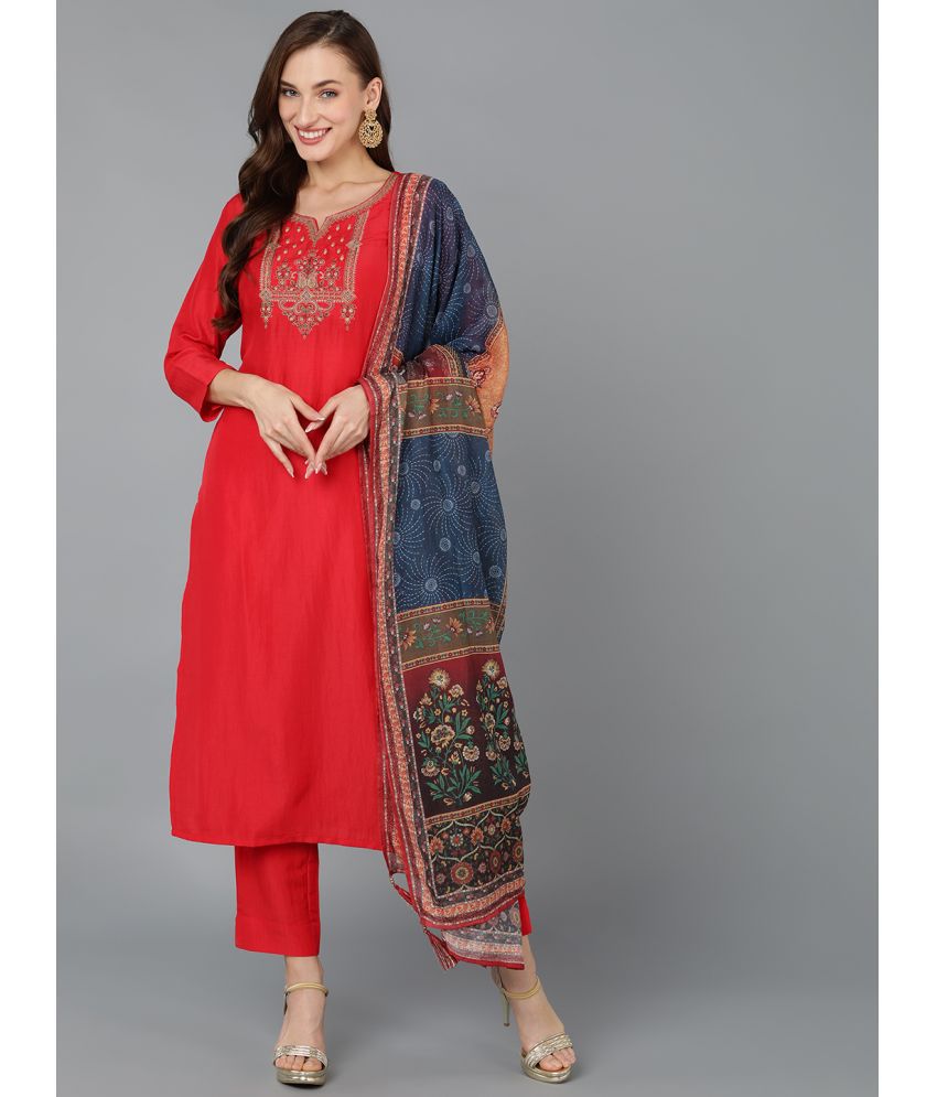     			Vaamsi Silk Blend Embroidered Kurti With Pants Women's Stitched Salwar Suit - Red ( Pack of 1 )