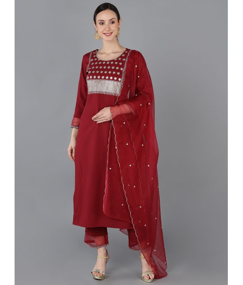     			Vaamsi Silk Blend Embroidered Kurti With Pants Women's Stitched Salwar Suit - Red ( Pack of 1 )