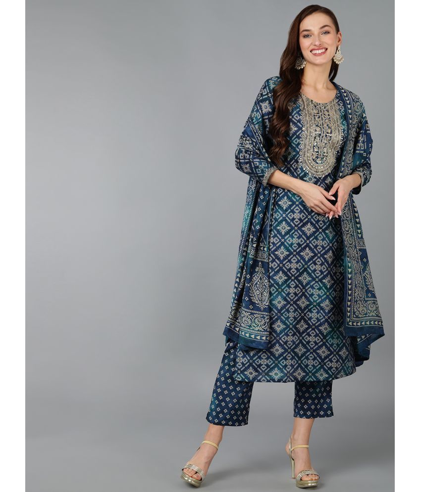     			Vaamsi Silk Blend Embroidered Kurti With Pants Women's Stitched Salwar Suit - Blue ( Pack of 1 )