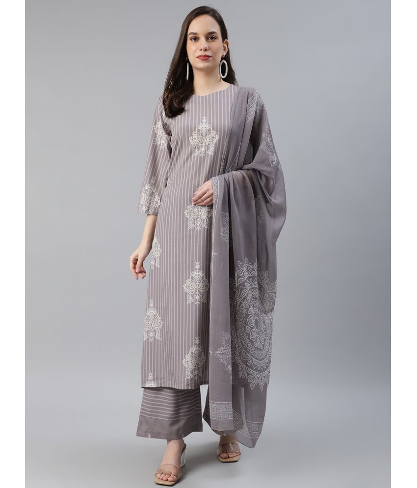     			Vaamsi Silk Blend Printed Kurti With Palazzo Women's Stitched Salwar Suit - Light Grey ( Pack of 1 )