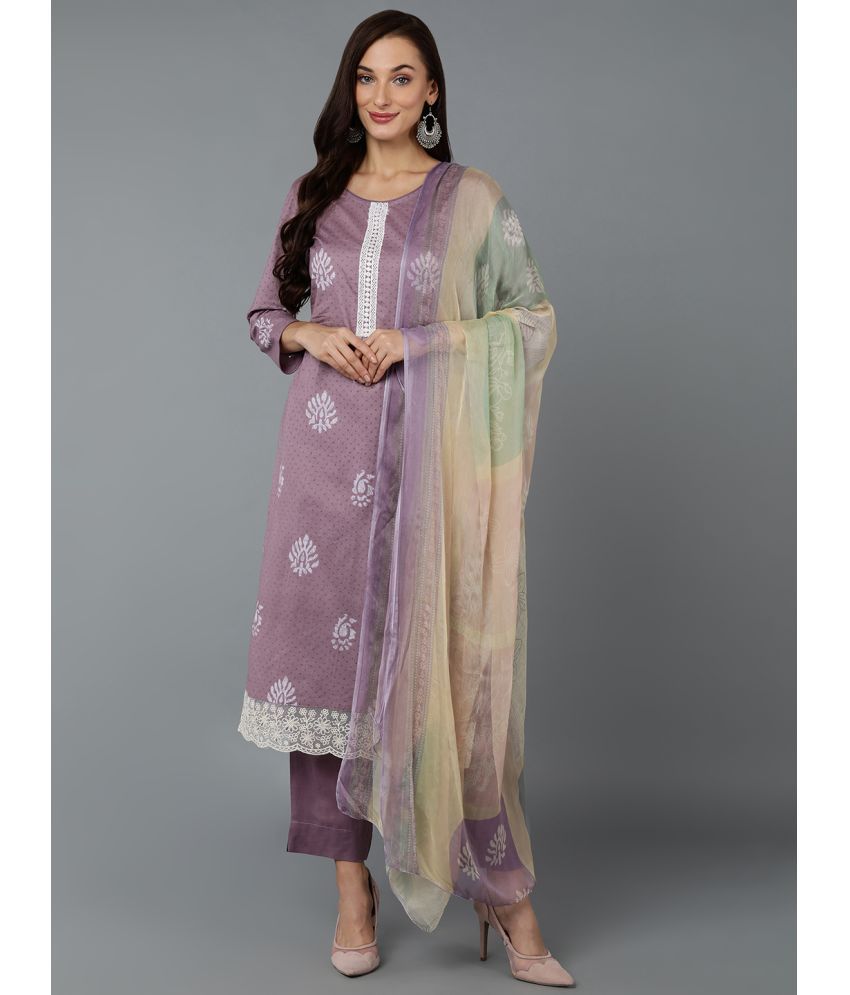     			Vaamsi Silk Blend Printed Kurti With Pants Women's Stitched Salwar Suit - Mauve ( Pack of 1 )