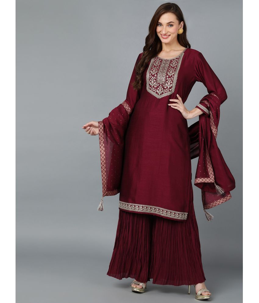    			Vaamsi Silk Blend Self Design Kurti With Sharara And Gharara Women's Stitched Salwar Suit - Maroon ( Pack of 1 )