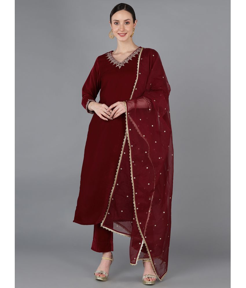     			Vaamsi Velvet Embroidered Kurti With Pants Women's Stitched Salwar Suit - Maroon ( Pack of 1 )