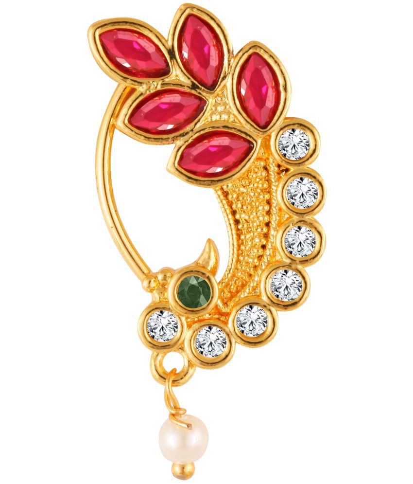    			Vivastri Premium Gold Plated Nath Collection  With Beautiful & Luxurious Red Diamond Pearl Studded Maharashtraian  Nath For Women & Girls-VIVA1148NTH-Press