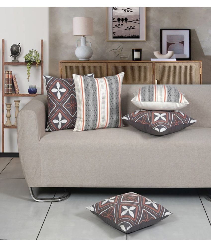    			ODE & CLEO Set of 5 Cotton Ethnic Square Cushion Cover (45X45)cm - Grey Melange