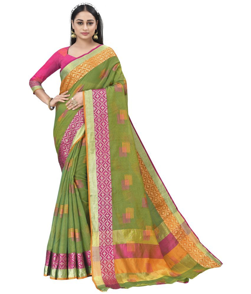     			Sidhidata Cotton Woven Saree With Blouse Piece - Green ( Pack of 1 )