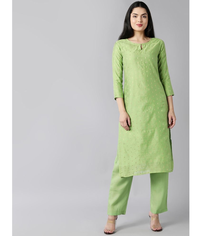     			Vaamsi Chanderi Embroidered Kurti With Pants Women's Stitched Salwar Suit - Green ( Pack of 1 )