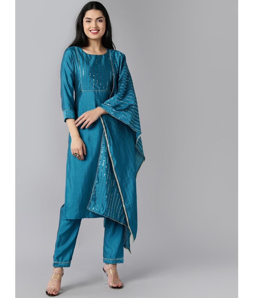     			Vaamsi Chanderi Self Design Kurti With Pants Women's Stitched Salwar Suit - Teal ( Pack of 1 )