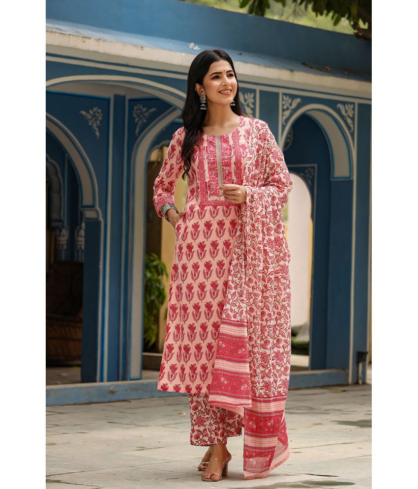     			Vaamsi Cotton Blend Printed Kurti With Pants Women's Stitched Salwar Suit - Pink ( Pack of 1 )