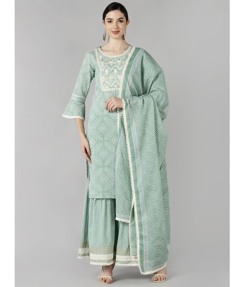     			Vaamsi Cotton Embroidered Kurti With Sharara And Gharara Women's Stitched Salwar Suit - Sea Green ( Pack of 1 )