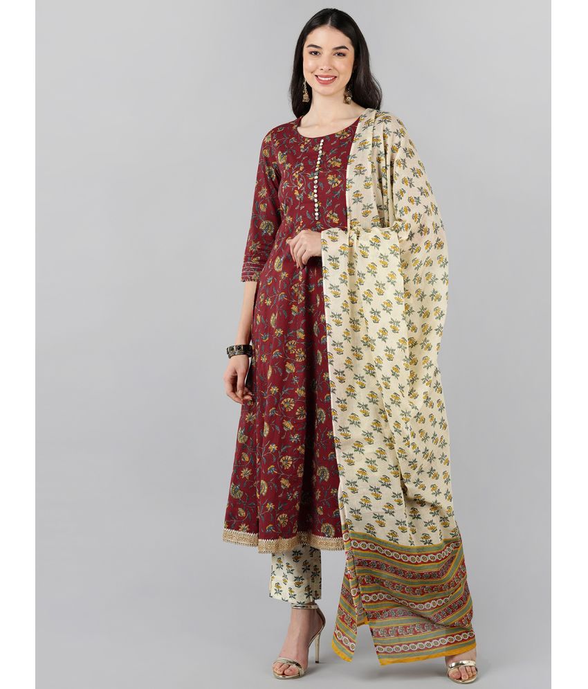     			Vaamsi Cotton Printed Kurti With Pants Women's Stitched Salwar Suit - Maroon ( Pack of 1 )