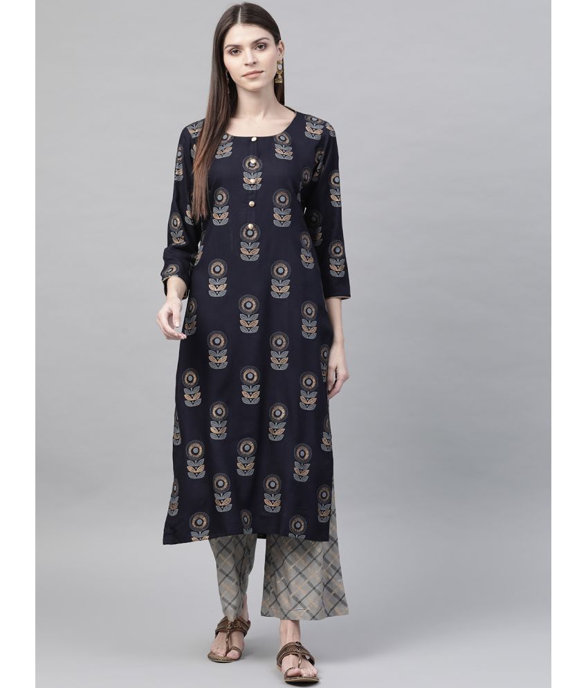     			Vaamsi Cotton Printed Kurti With Palazzo Women's Stitched Salwar Suit - Navy Blue ( Pack of 1 )