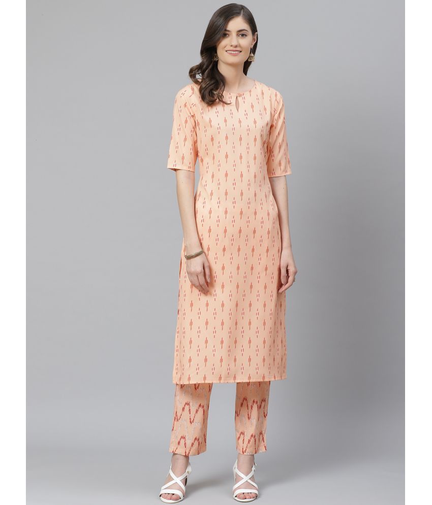     			Vaamsi Polyester Printed Kurti With Pants Women's Stitched Salwar Suit - Peach ( Pack of 1 )