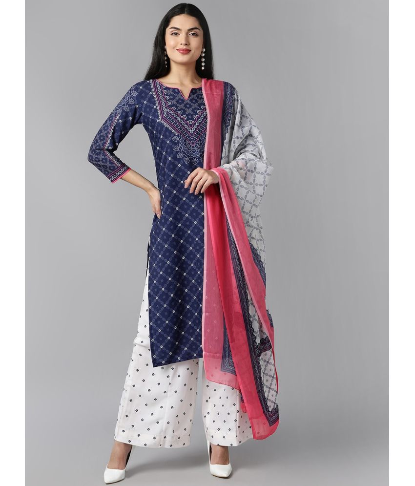     			Vaamsi Polyester Printed Kurti With Palazzo Women's Stitched Salwar Suit - Navy Blue ( Pack of 1 )