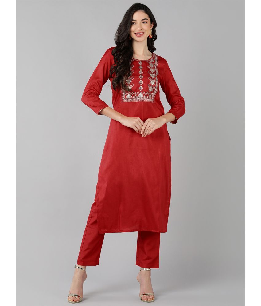     			Vaamsi Silk Blend Embroidered Kurti With Pants Women's Stitched Salwar Suit - Red ( Pack of 1 )