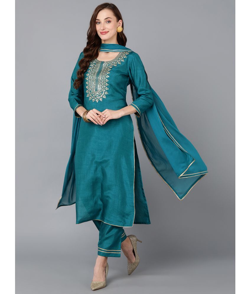     			Vaamsi Silk Blend Embroidered Kurti With Pants Women's Stitched Salwar Suit - Teal ( Pack of 1 )