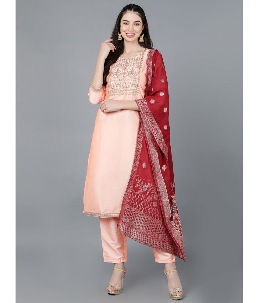     			Vaamsi Silk Blend Embroidered Kurti With Pants Women's Stitched Salwar Suit - Peach ( Pack of 1 )