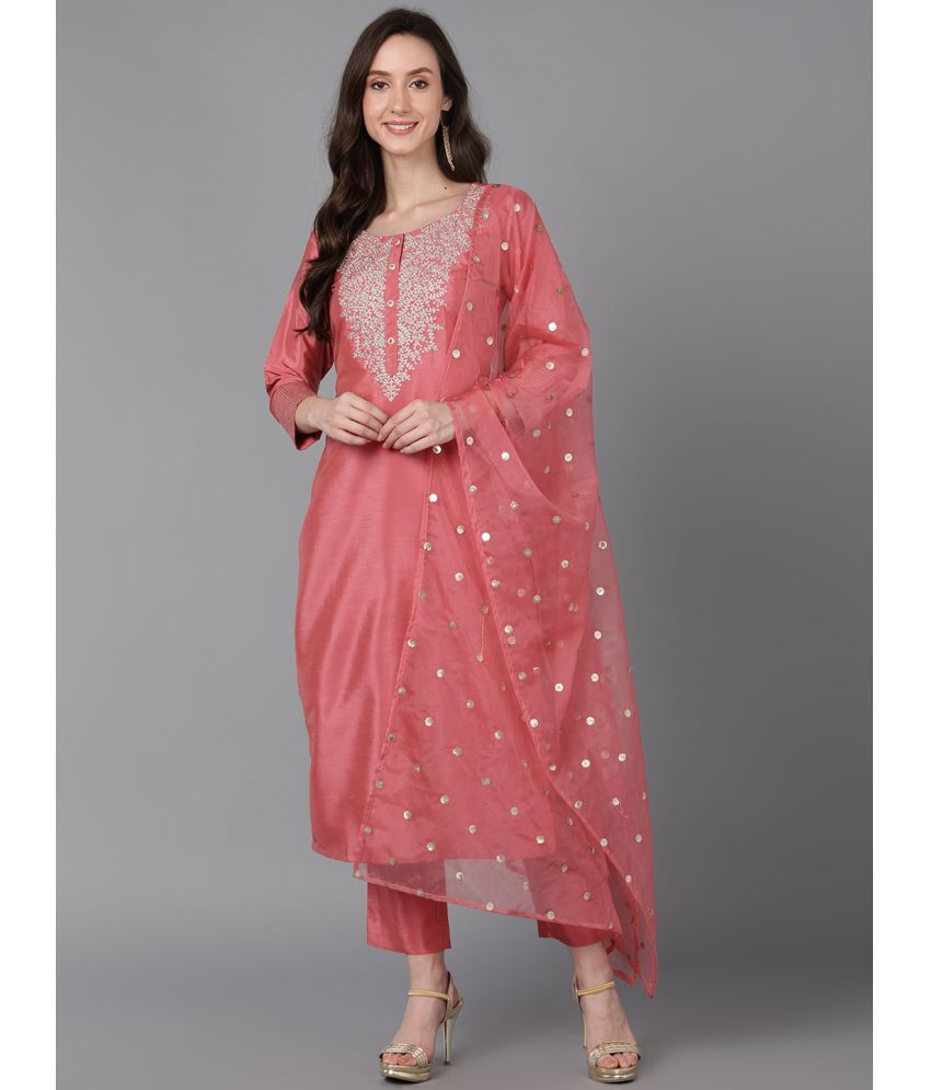     			Vaamsi Silk Blend Embroidered Kurti With Pants Women's Stitched Salwar Suit - Pink ( Pack of 1 )