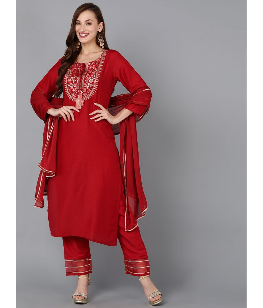     			Vaamsi Silk Blend Embroidered Kurti With Pants Women's Stitched Salwar Suit - Red ( Pack of 1 )