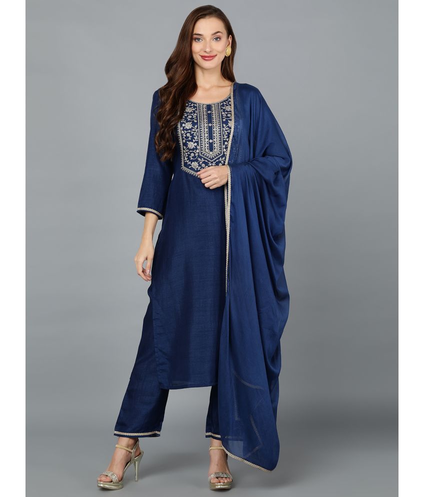     			Vaamsi Silk Blend Embroidered Kurti With Pants Women's Stitched Salwar Suit - Navy Blue ( Pack of 1 )