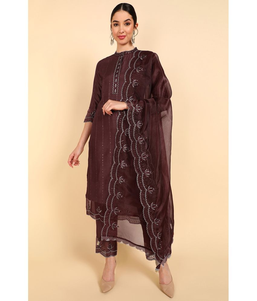     			Vaamsi Silk Blend Embroidered Kurti With Pants Women's Stitched Salwar Suit - Maroon ( Pack of 1 )