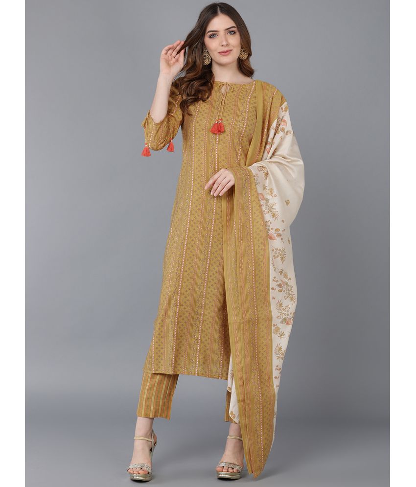     			Vaamsi Silk Blend Printed Kurti With Pants Women's Stitched Salwar Suit - Mustard ( Pack of 1 )