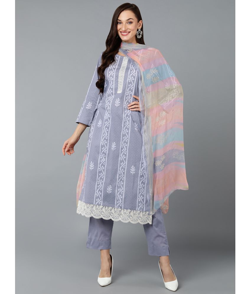     			Vaamsi Silk Blend Printed Kurti With Pants Women's Stitched Salwar Suit - Lavender ( Pack of 1 )