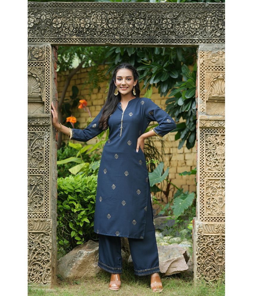     			Vaamsi Silk Blend Printed Kurti With Palazzo Women's Stitched Salwar Suit - Navy Blue ( Pack of 1 )