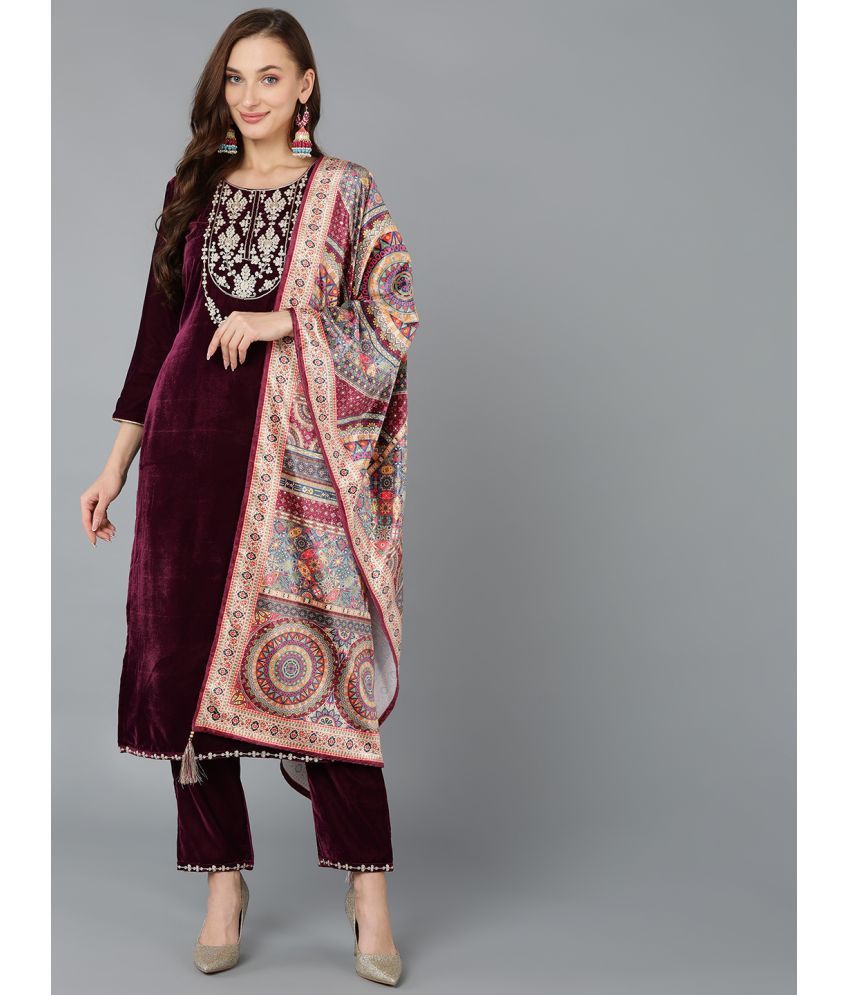     			Vaamsi Velvet Self Design Kurti With Pants Women's Stitched Salwar Suit - Burgundy ( Pack of 1 )