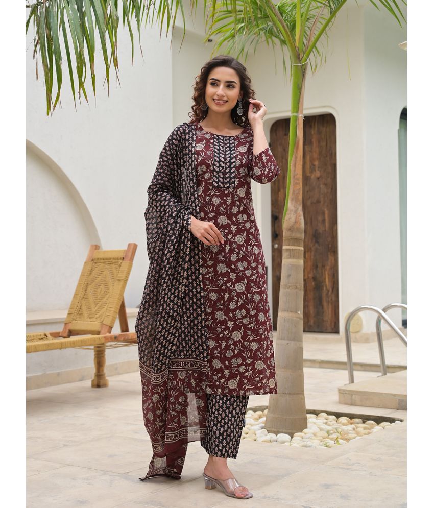     			Yufta Cotton Printed Kurti With Pants Women's Stitched Salwar Suit - Maroon ( Pack of 1 )