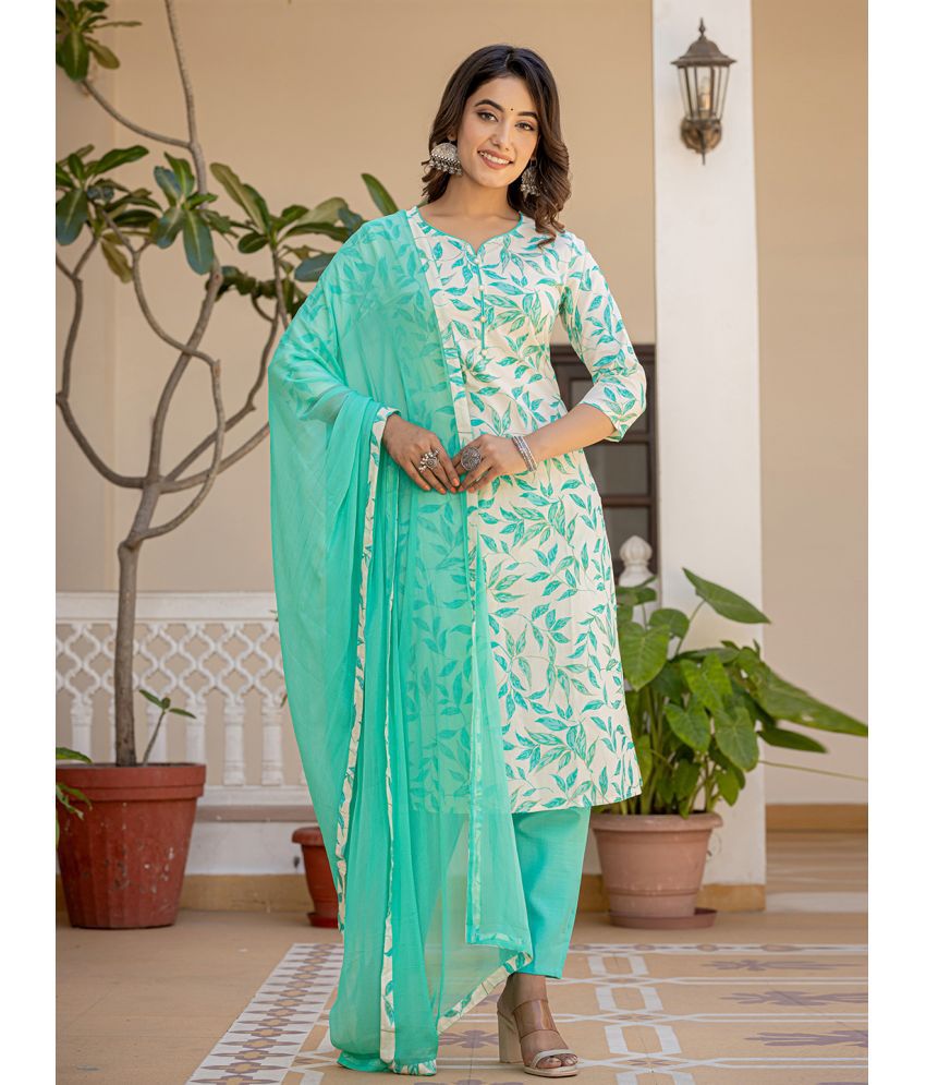     			Yufta Cotton Printed Kurti With Pants Women's Stitched Salwar Suit - Mint Green ( Pack of 1 )