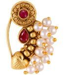 Vivastri Premium Gold Plated Nath Collection  With Beautiful & Luxurious Red Diamond Pearl Studded Maharashtraian Nath For Women & Girls-VIVA1174NTH-Press-Red