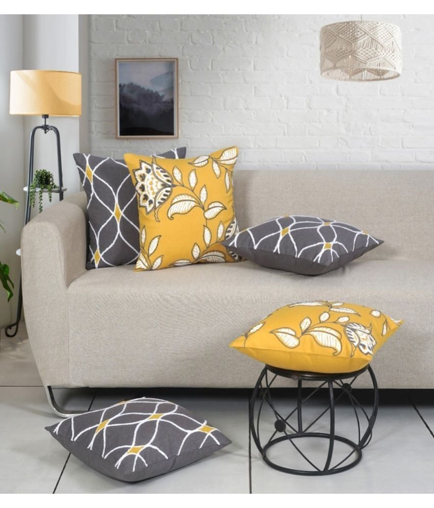     			ODE & CLEO Set of 5 Cotton Floral Square Cushion Cover (45X45)cm - Yellow