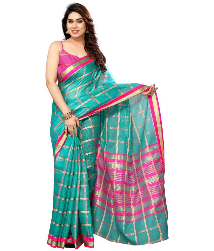     			Sidhidata Cotton Checks Saree With Blouse Piece - Turquoise ( Pack of 1 )